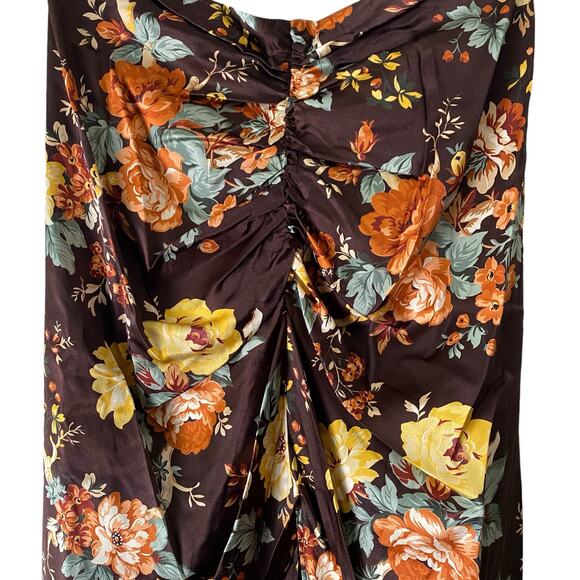 Veronica Beard Pixie Floral Ruched Silk Midi Skirt US 6 Brown Roses Cocktail - Picture 9 of 14